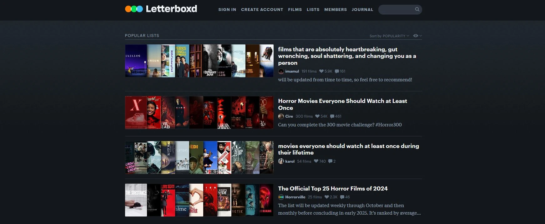 Popularität befördert Beiträge nach oben (© Letterboxd)