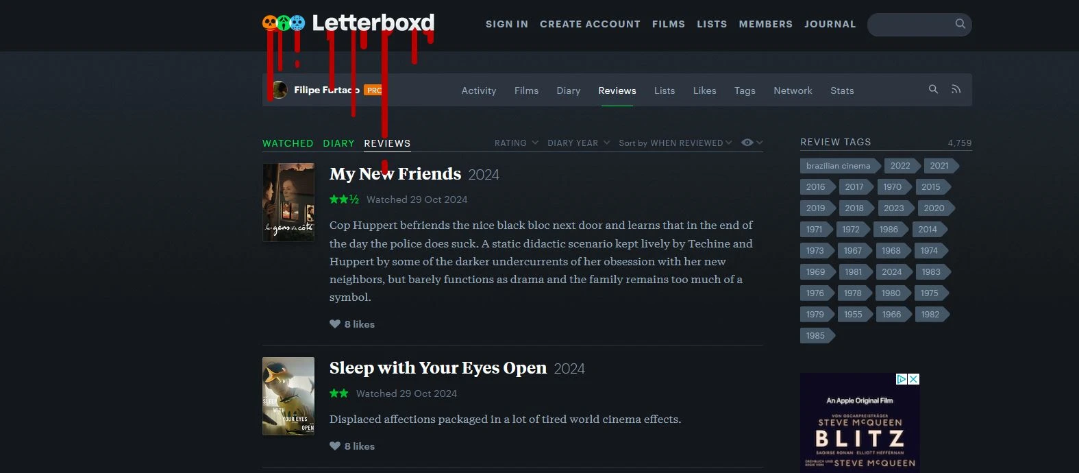 Die dezentrale Struktur aus vielen User-Accounts mit Listen, Reviews etc. sträubt sich gegen Marktvereinnahmung (© Letterboxd)